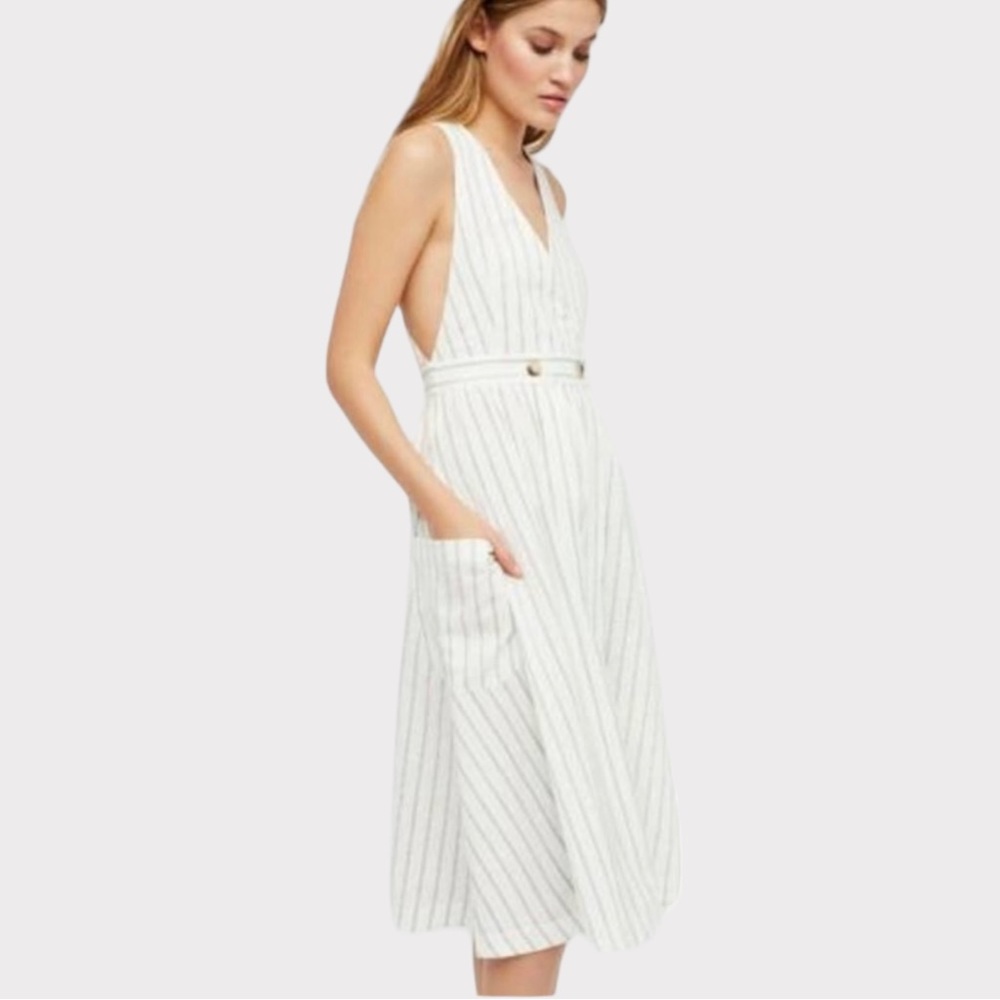 NEW Free People Diana Wrap Midi Dress Ivory Black Stripe Button Pockets Small